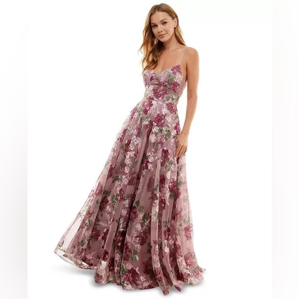 SAY YES TO THE PROMJuniors'Embroidered Floral Lace-Up Gown evening dress 5 dress - Picture 2 of 15